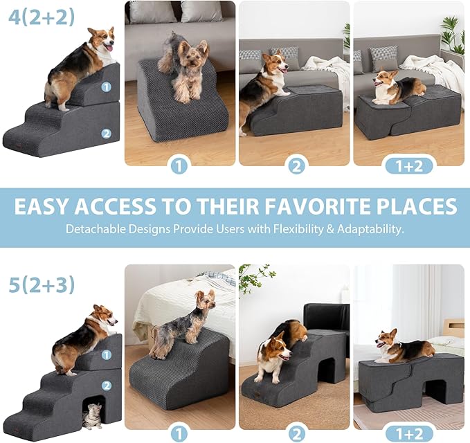 Garnpet Dog Stairs for High Beds, 4-Step Dog Steps for Small Dogs and Cats, Foldable Pet Stairs for High Bed Climbing, Non-Slip Balanced Pet Step Indoor, Light Grey