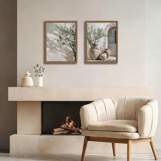 Mediterranean Wall Art Set of 2, Olive Tree & Pottery Framed Prints | Neutral Botanical Mediterranean Painting, Framed Picture Wall Decor for Living Room Bedroom Office 12x16 Inch