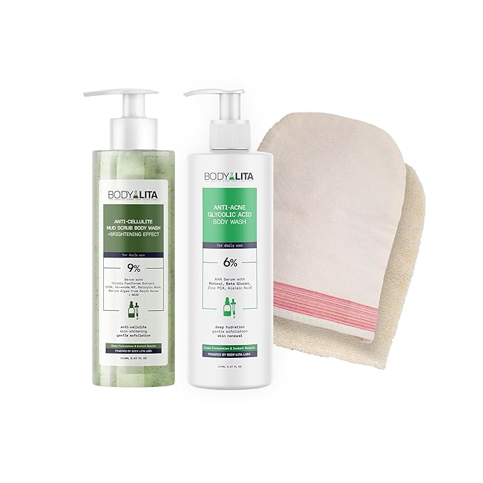 Smoothness & Purification Routine, 3-Step Exfoliating Body Care Set with Double-Sided Exfoliating Pad, Anti Cellulite Scrub, and Glycolic Acid Body Wash for Acne Prone Skin