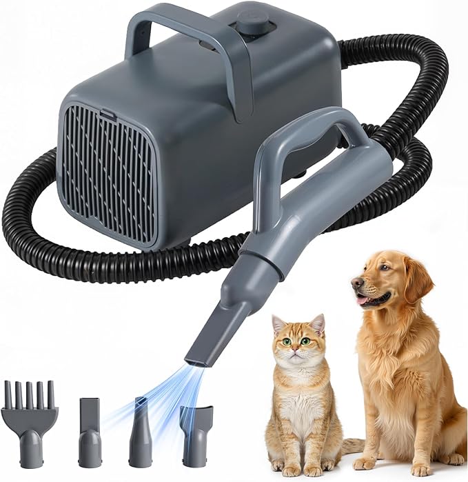 NEWBULIG Dog Hair Dryer with Heater for Grooming, Temperature Adjustable | 1550W High Velocity Speed Pet Blow Dryer with 4 Nozzles, Grey