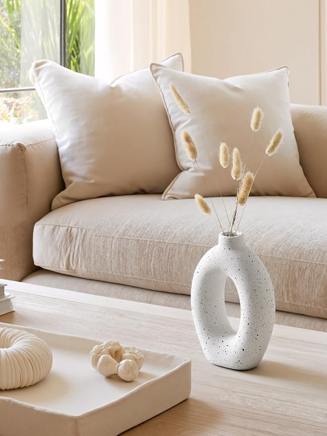 LE TAUCI Ceramic Vases Set of 2, White Hollow Donut Flower Vases, Nordic Decor Decorative Centerpiece for Living Room, Office Table, Shelf, Mantel, White Speckled (H10.5”xW8.5”)