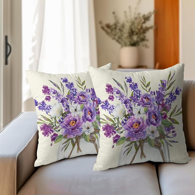 Kawani Lavender Flowers Throw Pillow Covers 16x16 Inch Pack of 2 Watercolor Purple White Floral Leaves Mason Jar Square Pillowcase Cotton Linen Cushion Case for Couch Sofa Bed Home Decor