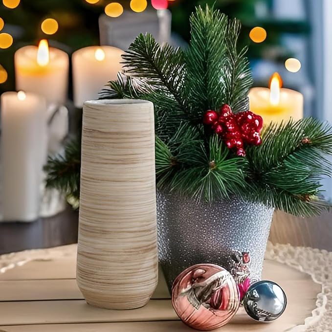 ALMA 13" White Tall Ceramic Vase, Modern Pampas Grass Vase Home Docer | Flower Vase with a Brown & Beige Finish, Boho Vase for Mantel, Tabletop, Bedroom, Shelf, Wedding & Housewarming Gift