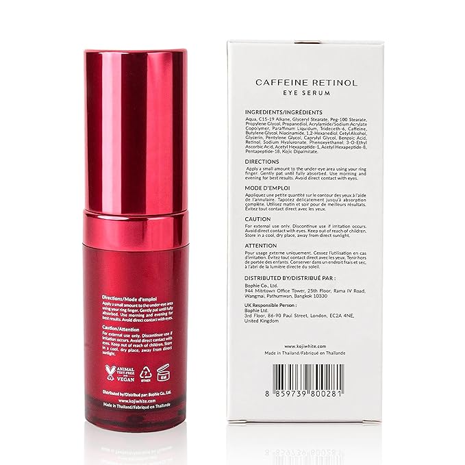 Koji White 3% Caffeine Eye Serum with 0.2% Retinol, Peptides, Hyaluronic Acid & Vitamin C for Puffiness & Dark Circles - Unscented, Vegan, Fragrance-Free 15 ML (0.50 Fl Oz)