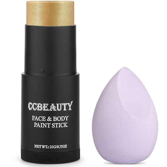 CCbeauty Metallic Gold Face Paint Stick,Glitter Face Painting Kit,Professional Body Paint,Non Toxic SFX Makeup Kit For Halloween Costume Cosplay,Full Coverage Painting Foundation With Makeup Sponge