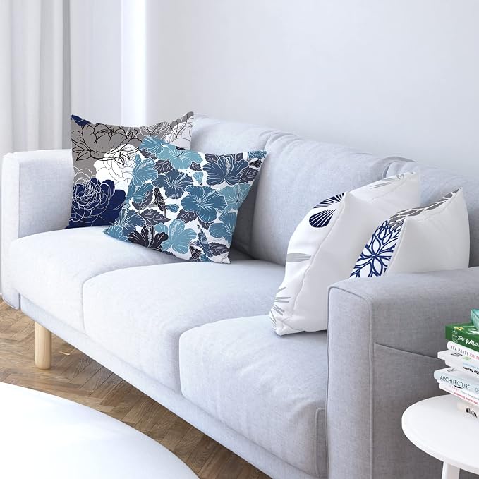 Blue Grey Throw Pillow Covers 20x20 Set of 6, Daisy Floral Home Decor | blue daisy Floral,decorative cushion cover,Breathable Linen,Large Throw Pillow Size,Spring Decor,Couch Sofa Living Room