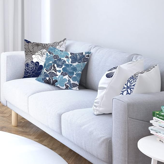 COMMINY Blue Grey Pillow Covers 18x18 Set of 6 Decorative Daisy Flower Throw Pillow Cover for Couch Modern Pillow Case for Patio Living Room Cushion Bed Farmhouse Home Decor | blue daisy Floral,decorative cushion cover,Breathable Linen,standard Throw P...