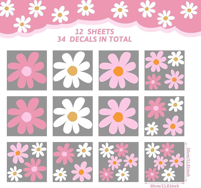 TaoBary 12 Sheet Daisy Wall Sticker Decal,Pink Color,Vibrant Style | Big Flower Wall Sticker, Pink White Floral Decal, Daisy Bedroom Room Decor, Removable Peel and Stick, Nursery Home Wall Decor