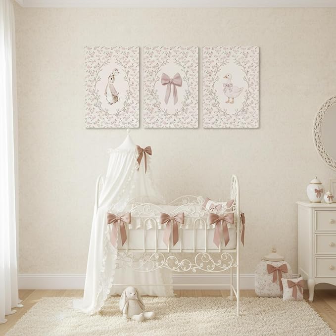 Baby Girl Nursery Wall Art Set of 3, Vintage Cottage Core Nursery Decor, Pink Bow Rabbit Goose Poster Print, Cute Floral Animal Canvas Pictures for Girls Room Kids Bedroom Framed 16x24 Inch