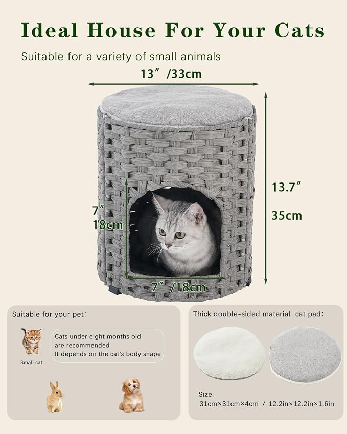 SETVSON Cat House for Indoor Cat, Small Handwoven PE Rattan Cave, Gray | Foldable Pet Kitten Bed Covered, Comfortable Double-Sided Cushion, 13x13x13.7 Inches, Quick 5-Minute Assembly