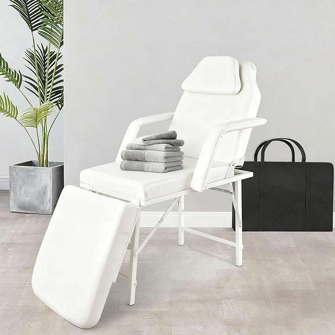 Portable Tattoo Chair, Adjustable Massage Facial Bed with Removable Headrest & Armrest, Foldable Spa Chair with Carry Bag, 73 Inch Esthetician Bed for Salon Beauty Barber Spa Tattoo (White)