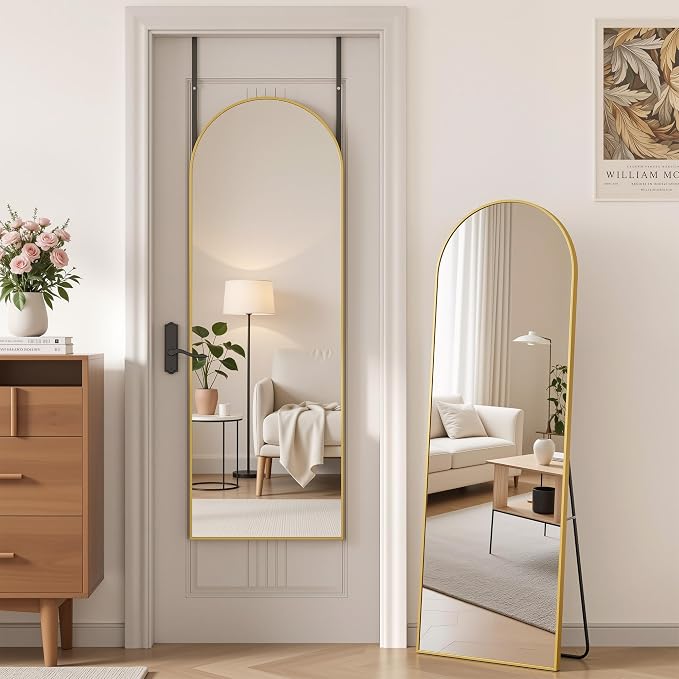 Antok Full Length Mirror, 58"x21" Floor Mirror, Arched Floor Standing Freestanding Arch Full Body Mirrors with Stand for Bedroom, Hanging Mounted for Living Room Cloakroom,Gold