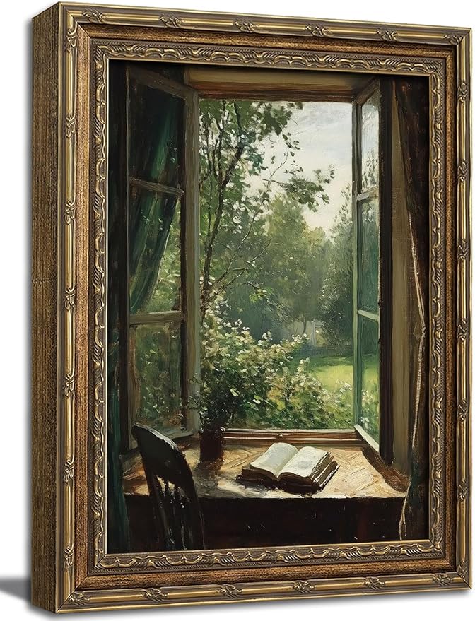 Gold Framed Wall Art Vintage Reading Nook Wall Art Dark Academia Bookish Wall Decor Picture Country Cottagecore Reading Poster Print for Gallery Library Bookstore Decoration 12x16in
