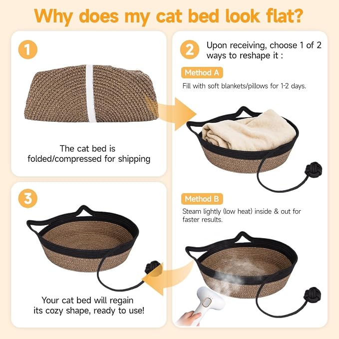 Cat Bed, Cotton Rope Instinct Basket for Cats, Handwoven Cat Beds | Stimuli Handwoven Basket for Cat, Pet Sleeping Bed with Rope Ball, Puppies, Rabbits and Small Pets (Medium, Black & Brown)