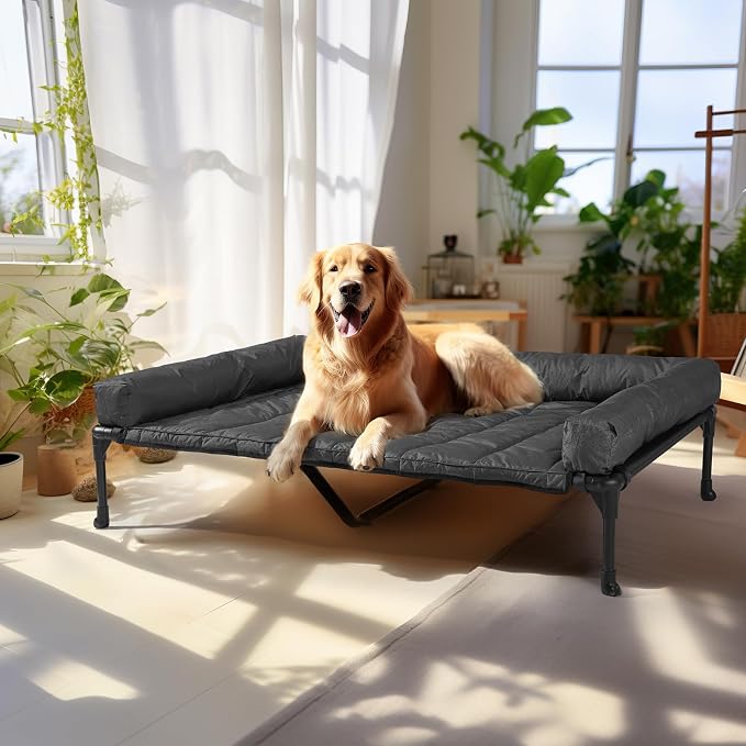 Veehoo Outdoor Elevated Dog Bed with Waterproof Bolster Cushion, Cooling | Raised Dog Bed with Removable & Washable Mat Topper, Breathable Mesh, Dog Couch Cot for Indoor Outdoor, 49", Large, Black