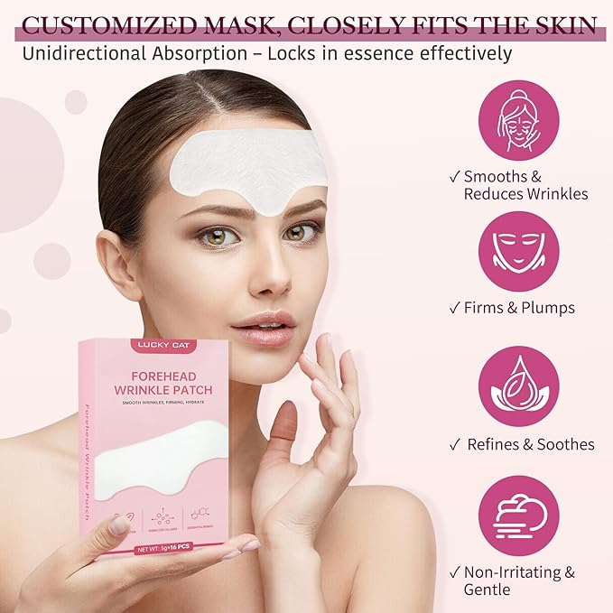 LUCKY CAT Forehead Wrinkle Patches 16 Pcs, Remover Wrinkle Facial Patch With Collagen Overnight Hydrating Treatment for Anti Fine & Deep Lines