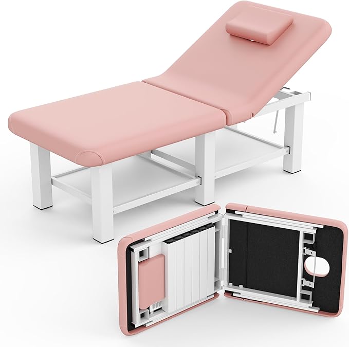 30.5'' Wide × 75'' Long Folding Stationary Massage Table with Backrest and Storage Space for Treatment Table Physical Therapy Table Spa Facial Bed, 6 Square legs, Metal Frame PU Leather - Pink
