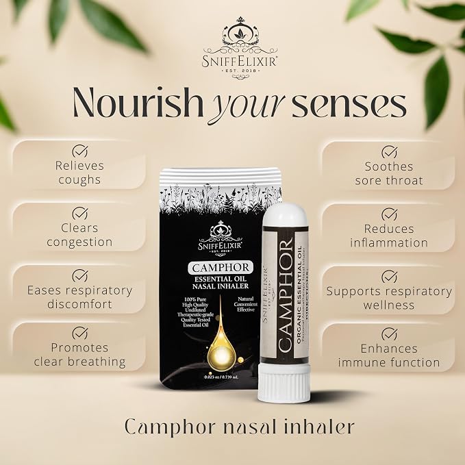 Camphor Essential Oil Aromatherapy Nasal Stick Vapor Inhaler for Mucus Relief - Chest Congestion & Cough Relief for Adults, USA Made with Organic Essential Oils