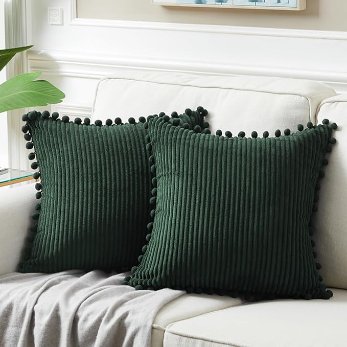 Fancy Homi Pack of 2 Dark Green Decorative Throw Pillow Covers 26x16 Inch with Pom-poms for Couch Bed Living Room, Soft Corduroy Solid Square Cushion Case 66x66 cm, Farmhouse Boho Home Decor