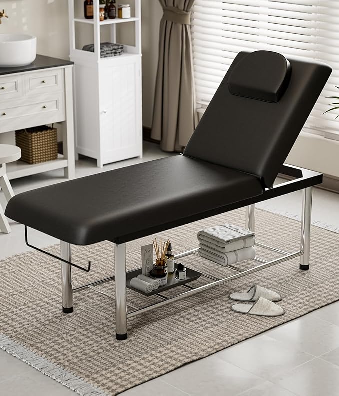 SyyBhb Professional Stationary Massage Table, 550lbs Heavy Duty Wide Exam Bed for Treatment, Backrest Adjustable, Removable Headrest, Bottom Shelf Storage and Towel Hook, Black