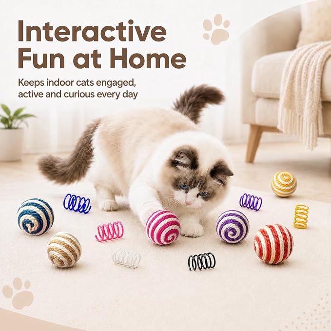 Cat Toys for Indoor Cats, 6 Sisal Balls & 24 Colorful Springs