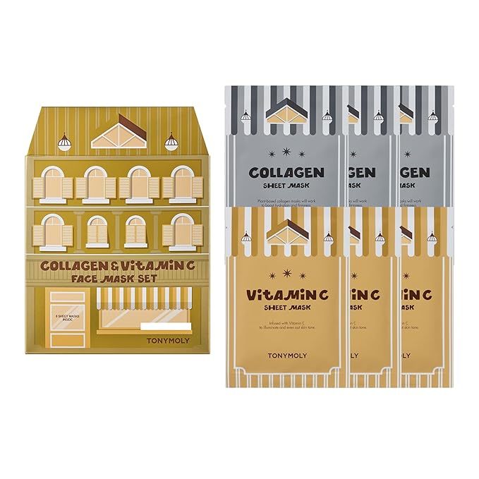 TONYMOLY Mini House of Masks 6-Pack Holiday Skincare Gift Set | Collagen & Vitamin C Korean Sheet Masks | Hydrating, Brightening & Firming Face Masks | Festive Stocking Stuffer for Women
