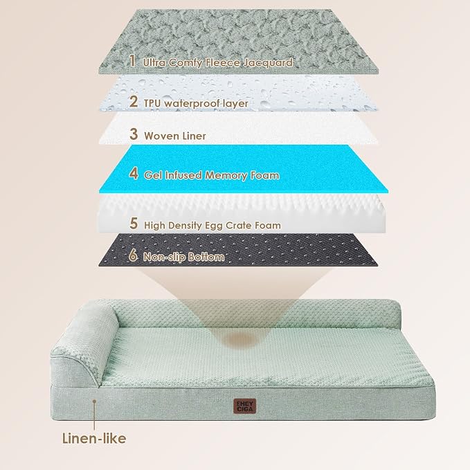 EHEYCIGA XXL Dog Bed Memory Foam, Orthopedic Giant Dog Bed Jumbo with Washable Removable Cover, Waterproof Pet Sofa Couch with Nonskid Bottom, 48x35x7.5, Greyish Green | Washable Removable Cover, Waterproof Flat Pet Sofa Couch with Nonskid Bottom, 48x3...