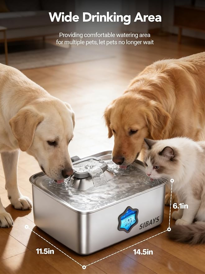 SIBAYS 4Gal/15L Dog Water Fountain, Stainless Steel Pet Water Fountain with Water Level Window & LED Light, Quiet Automatic Dog Water Bowl Dispenser for Large Dogs & Multi-Pet, Easy to Clean FS81