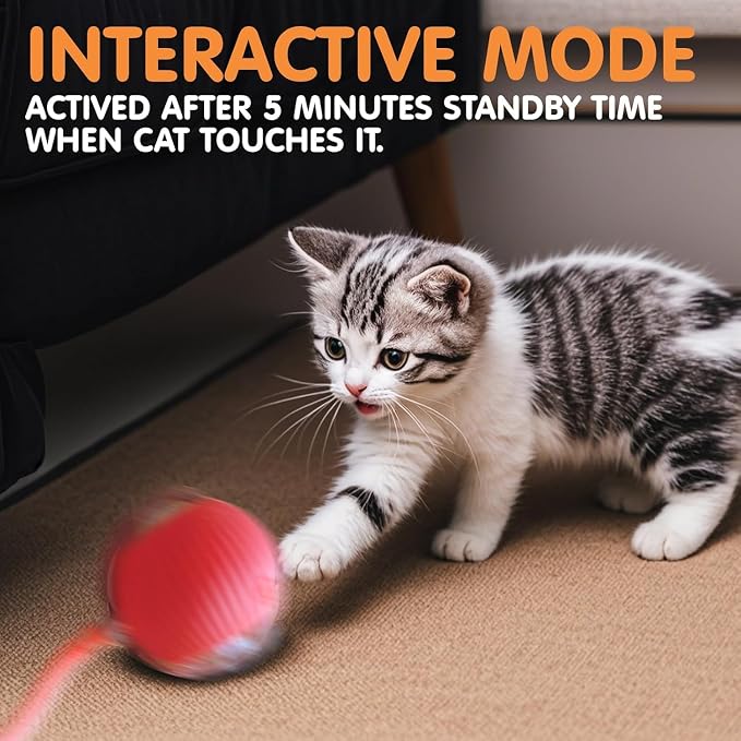 Durable Interactive Cat Toys for Indoor Cats, Smart Automatic Cat Chase Ball Toy, Upgraded Speedy Tail Kitten Toy for Bored Indoor Adult Pets (red, 01)