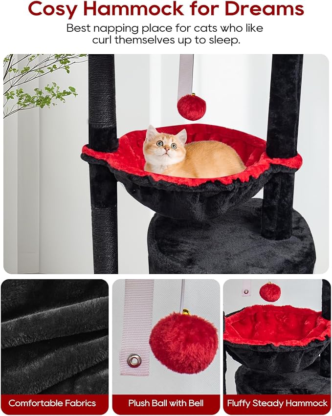 SYANDLVY Gothic Cat Tree with Coffin Bed for Indoor Cats, Modern House | Small Activity Tower with Scratching Post, Condo & Cradle, Kittens Cave, Black & Red