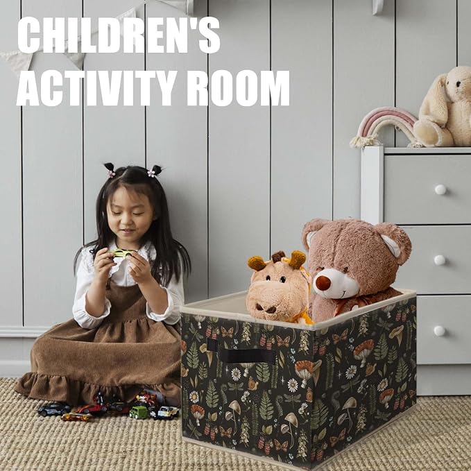 Dark Floral Mushroom Storage Bins Basket, Dark Cottagecore Botanical Insect Collapsible Fabric Storage Box Organizer Toybox for Bedroom Bathroom Clothes Books Toys