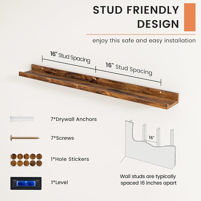 Picture Ledge Shelf, Floating Shelves for Wall, 40" W Set of 2, Brown | FSC Certified Engineered Wood, Wall Mounted Bookshelf, for Nursery Living Room Bedroom, Pre-Drilled, Easy Install
