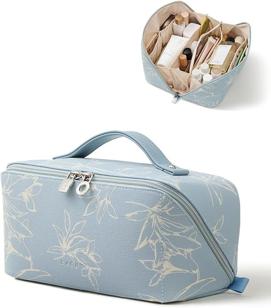 EACHY Travel Makeup Bag,Large Capacity Cosmetic Bags for Women,Waterproof Portable Pouch Open Flat Toiletry Bag Pattern Makeup Bag (F-Blue-Large)