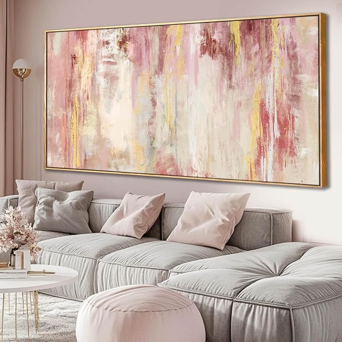 SOUGUAN Pink and Gold Pictures Canvas Wall Art for Bedroom Abstract Hand Paintings Home Decor for Bedroom Kitchen Office Wall Decorations Ready to Hang 30 x 60 Inch
