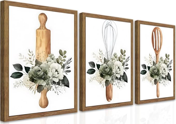 Modern Kitchen Canvas Wall Art Set of 3 – Framed Minimalist Floral Plant Wall Decor, Flowers Kitchen Utensil Posters Prints for Kitchen Dining Room Home Decor – 12x16in