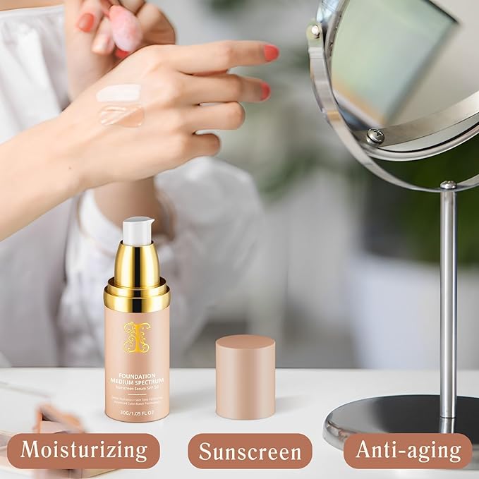 Foundation 4 in 1 - Medium Spectrum with SPF 50+, Anti-Aging, Concealer, Sun Protection, Hydrating Color Changing Foundation Makeup Liquid - Longwearing & Waterproof for Sport, Dancing (2PC, SPF50)