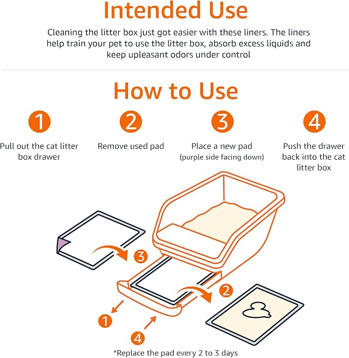 Amazon Basics Cat Pee Pads, Super Absorbent, Odor Control, Unscented, Universal Fit for Litter Box, Disposable, White/Purple, 100 Count