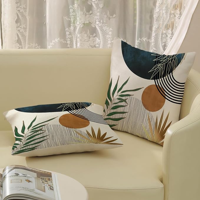 Boho Pillow Covers 18x18 Set of 2 Green Gold Navy Blue Throw Pillows Tropical Leaves Sunset Decor Modern Mid Century Pillowcase Outdoor Decorations Bohemian Linen Cushion Case for Couch Sofa