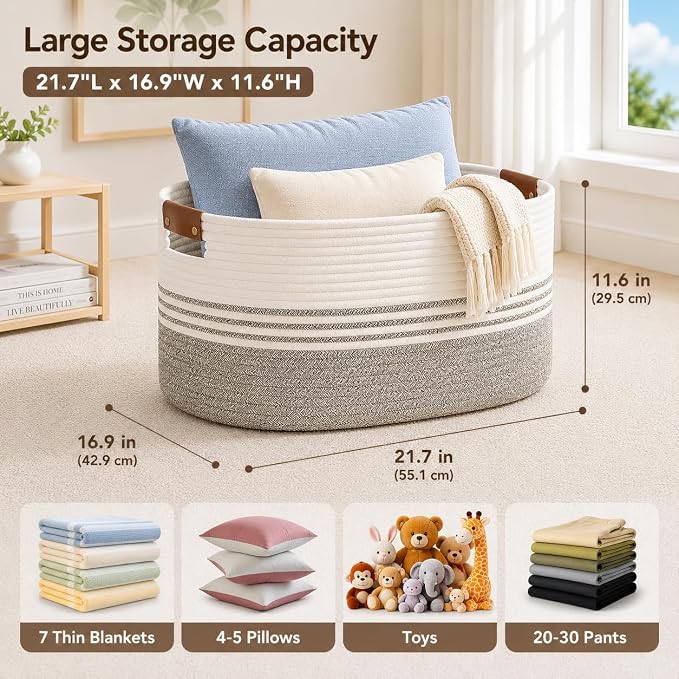 DOFASAYI Laundry Hamper with Handles, 72L Rope Laundry Basket, Brown | Cotton rope clothes hamper with leather handles holds blankets, pillows, toys and laundry in nursery, bedroom or living room