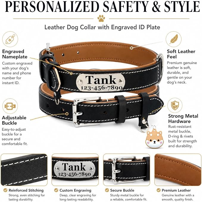 Personalized Genuine Leather Dog Collar with Name Phone Number-Black-S