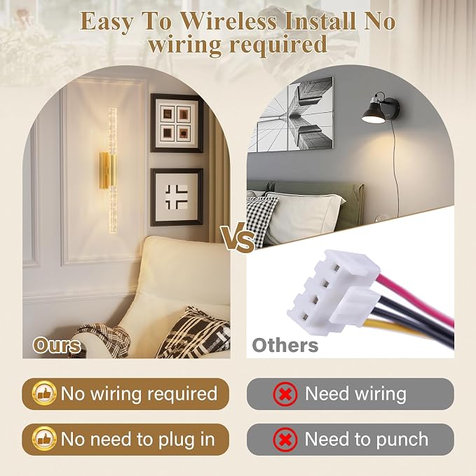 camuucci Battery Operated Wall Sconces Set of 2, Rechargeable Wall Lights | 12000mAh Long-Lasting Battery,Dimmable Cordless Sconce,No Wiring Needed for Bedroom,Living Room,Gold 25.6-Inch