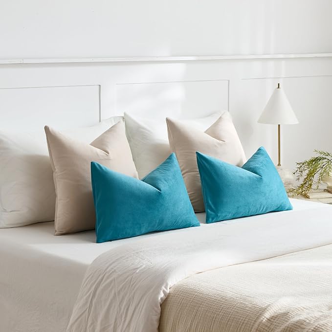 Lumbar Pillow Covers 12x20 Turquoise: Pack of 2 Cozy Soft Velvet Rectangular Modern Luxury Decorative Throw Pillow Cases for Sofa Couch Living Room Bed Home Decor