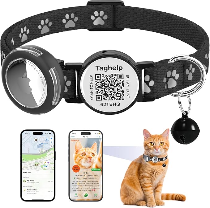 Waterproof Breakaway Cat Collar with Paw Prints - Secure AirTag Holder & Free QR Code Tag, Adjustable & Safe Kitten Collar for Apple Tracking (Black)