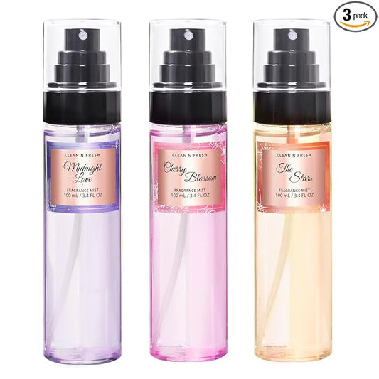 Clean-n-Fresh Body Spray for Women, Body Mist, Fragrance Mist Gift Sets, Pack of 3, Each 3.4 Fl Oz, Total 10.2 Fl Oz, Cherry Blossom