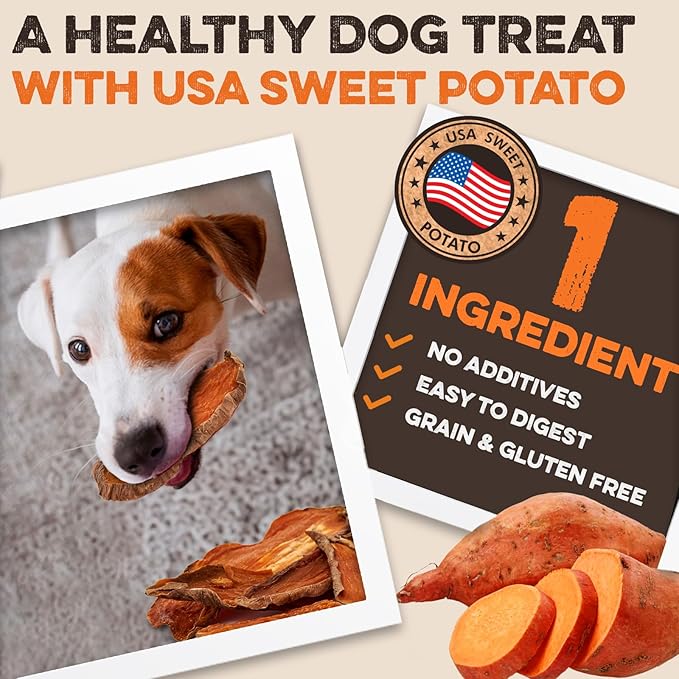 BRUTUS & BARNABY Dried Sweet Potato Dog Treats & Chews, Half Slices, 14 oz | Single ingredient, healthy, hypoallergenic; gentle on sensitive stomachs. Made in USA, bite size for small breeds