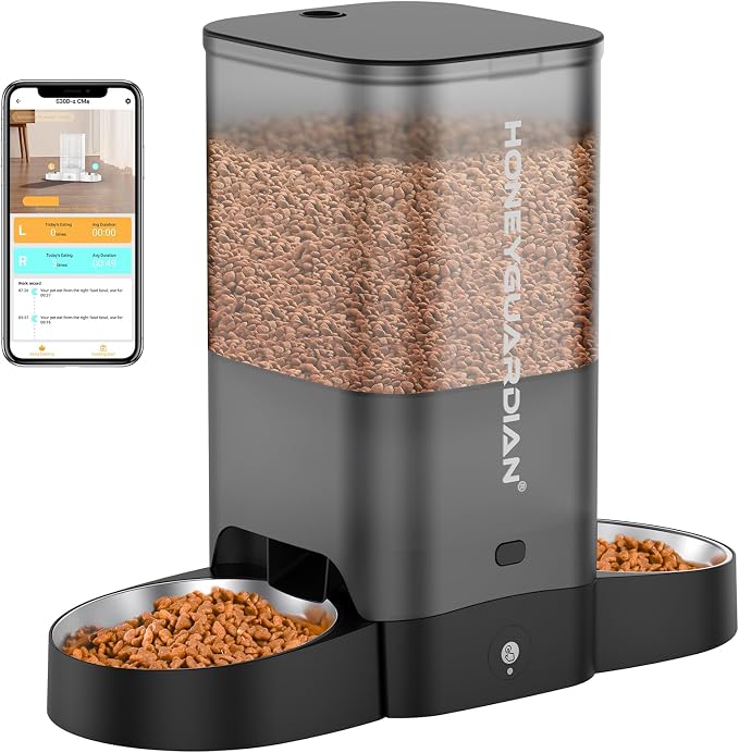 HoneyGuaridan 5L Automatic Cat Feeder for Two Cats, 2.4/5G WiFi Smart Feed Pet Feeder with Stainless Steel Bowl,APP Control Dispenser, Dual Power Supply,Desiccant Bag,10s Meal Call Black | Pet Feeder with Stainless Steel Bowl,APP Control Cat Food Dispe...