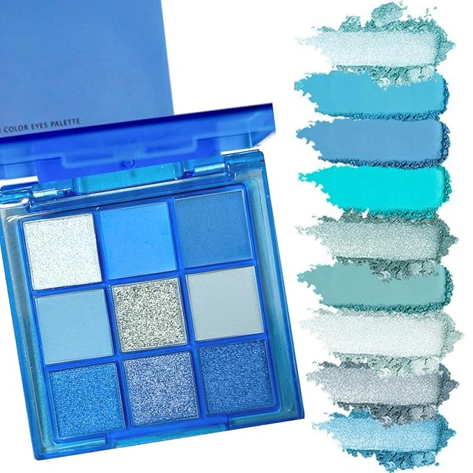 9 Colors Blue Eyeshadow Palette, Glitter Shimmer Matte Neutral Shades, High Pigmented Waterproof Grey Light Blue Eyeshadow, Shimmer Bright Sombras De Ojos for Daily and Party Makeup