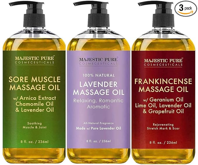 Majestic Pure Sore Muscle Massage Oil, Lavender Massage Oil & Frankincense Massage Oil Bundle – 8 fl oz Each
