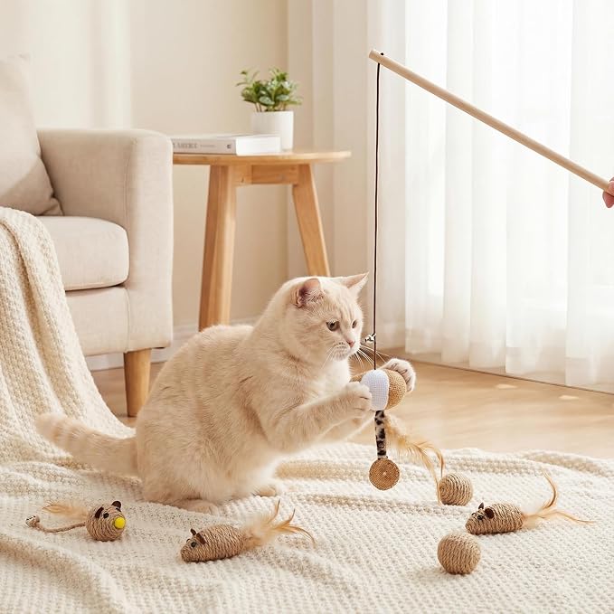 Leitee 16 Pcs Interactive Cat Toys for for Indoor Cats Set, Wooden Cat Wand Toywith Bells Feather Handle Chew Rope Mouse Sisal Balls Kitty Toys for Play Chase Exercise (Brown)