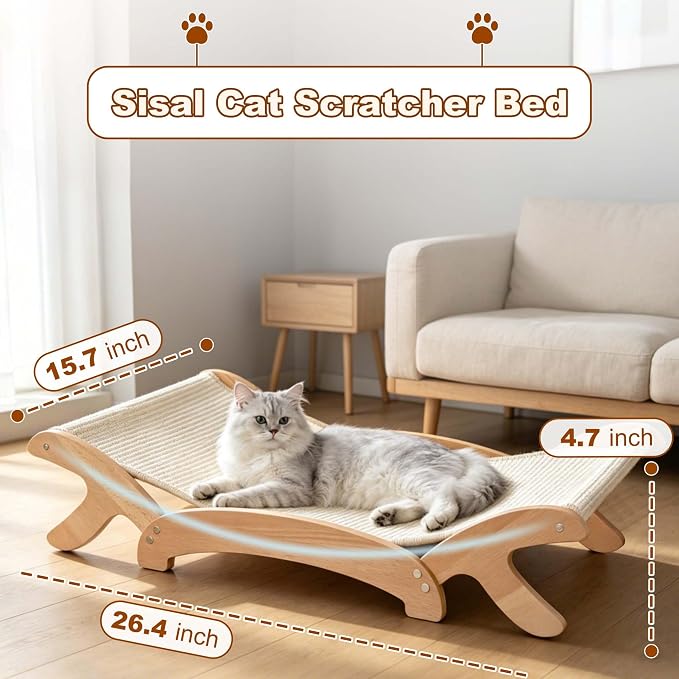 ANWA Cat Scratcher Bed for Indoor Cats, 26.4" Large Natural Sisal Scratchers for Cats with Solid Wood Frame, 2-in-1 Cat Scratch Pad Bed Combo, Cat Couch Lounger and Hammock, Easy Assembly